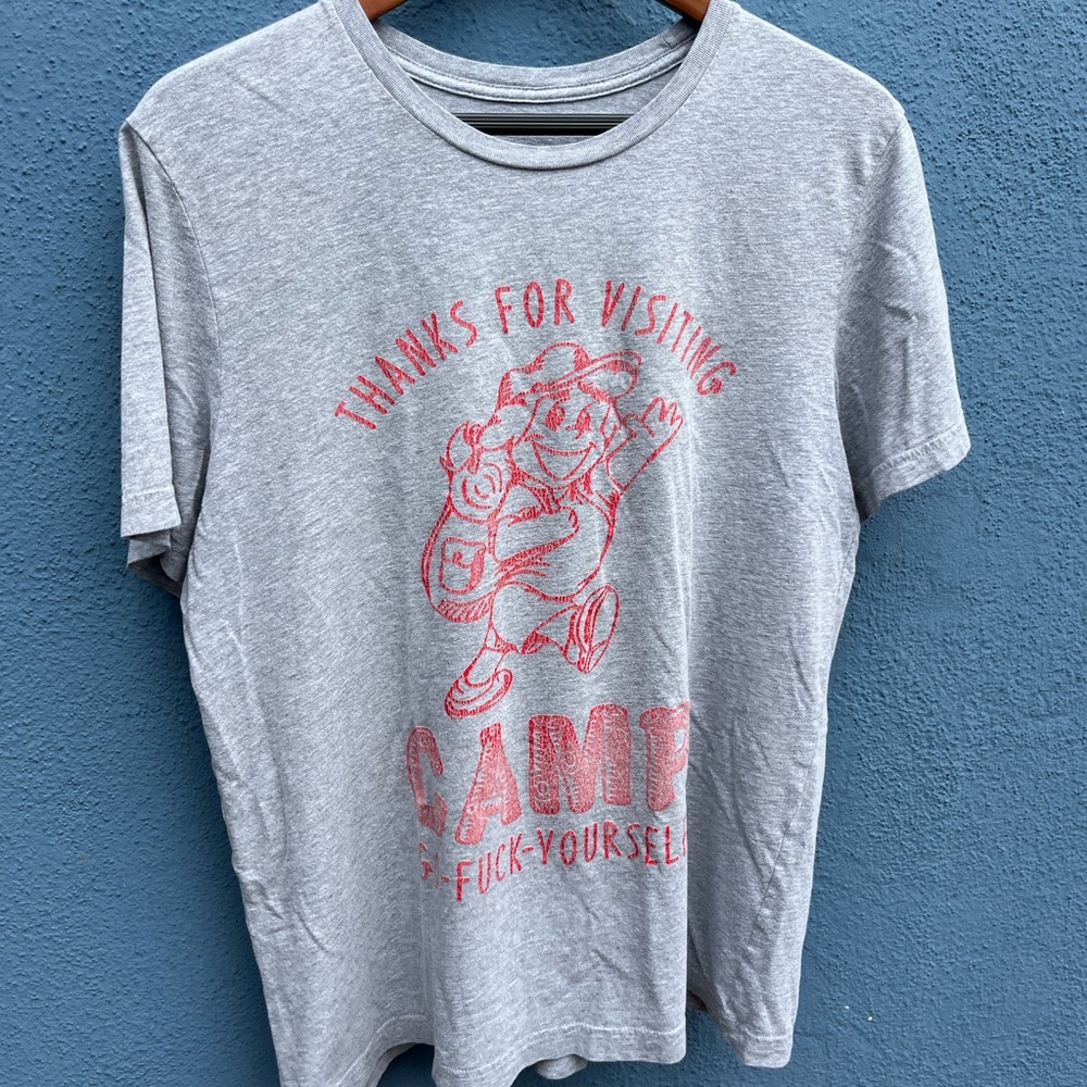 Adult humor Athletic gray Tee with Red camp graphic